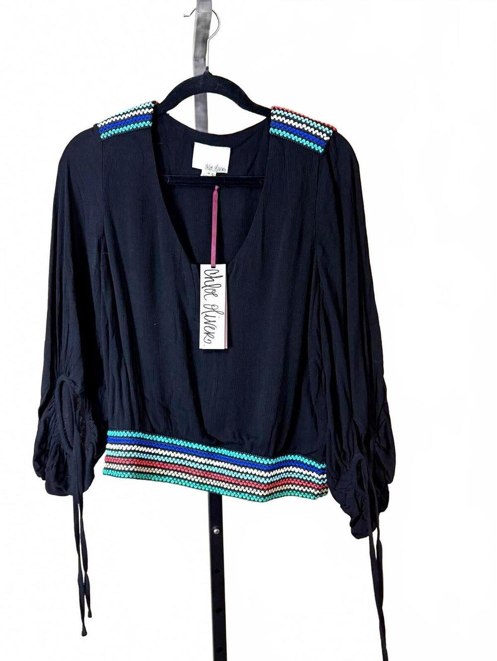 NWT Chloe Oliver Medium Stripes Black Long Sleeve V-Neck Blouse Colorful Trim